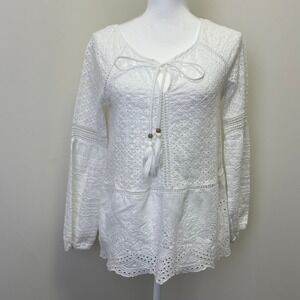 Single Thread White Eyelet Lace Tassel Tie Boho Blouse Top M Chabby Chic